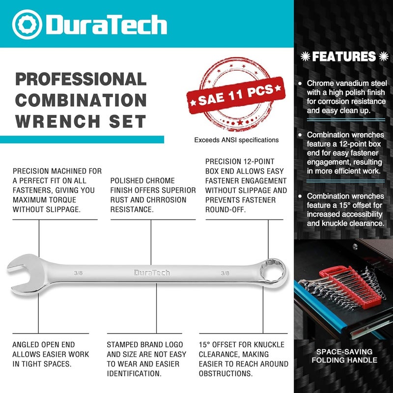 DURATECH Combination Wrench Set, SAE, 11-Piece, 1/4'' to 7/8'', 12-Point, CR-V Steel, Organized in Wrench Holder - Image 3